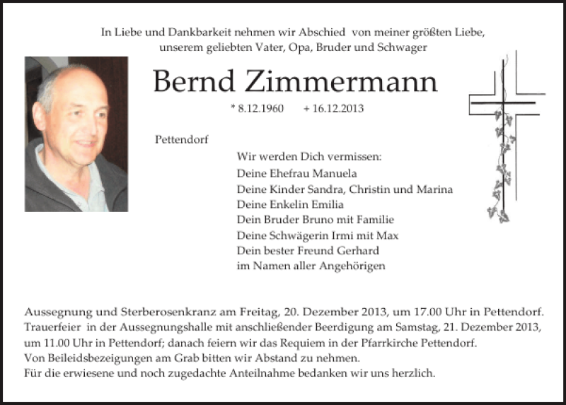  Traueranzeige für Pettendorf Bernd Zimmermann vom 18.12.2013 aus Mittelbayerische Zeitung