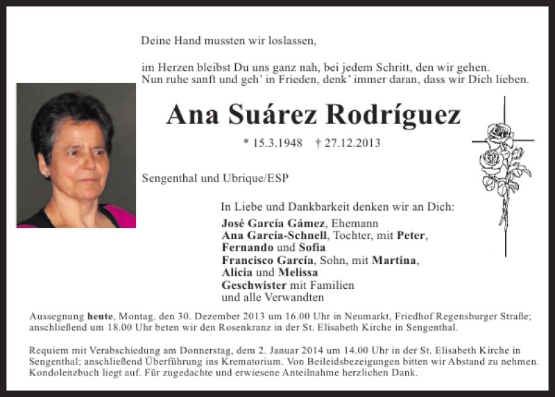  Traueranzeige für Sengenthal Ana Suarez Rodriguez vom 30.12.2013 aus Mittelbayerische Zeitung