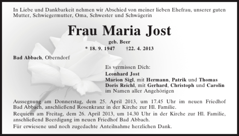  Traueranzeige für Bad Abbach Maria Jost vom 24.04.2013 aus Mittelbayerische Zeitung