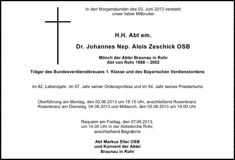  Traueranzeige für Dr. Johannes Nep. Alois Zeschick OSB  vom 04.06.2013 aus Mittelbayerische Zeitung