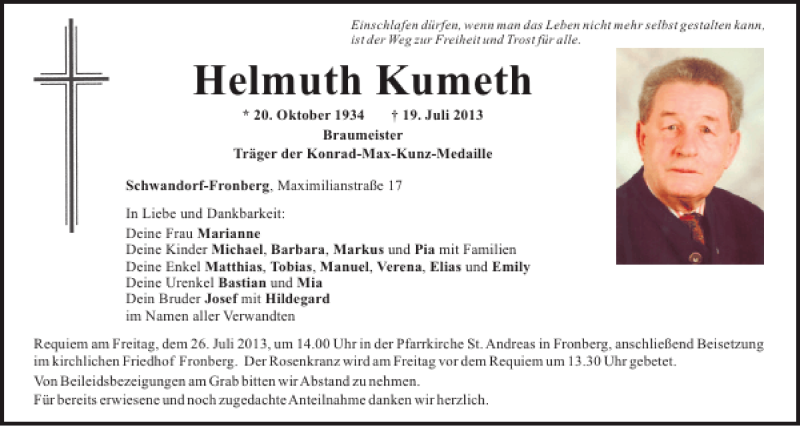  Traueranzeige für Schwandorf-Fronberg Helmuth Kumeth vom 23.07.2013 aus Mittelbayerische Zeitung