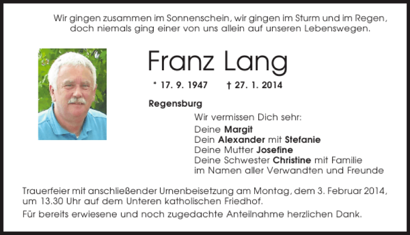  Traueranzeige für Regensburg Franz Lang vom 30.01.2014 aus Mittelbayerische Zeitung