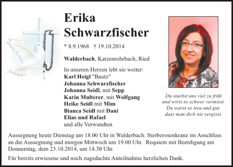  Traueranzeige für Erika  Schwarzfischer vom 21.10.2014 aus Mittelbayerische Zeitung