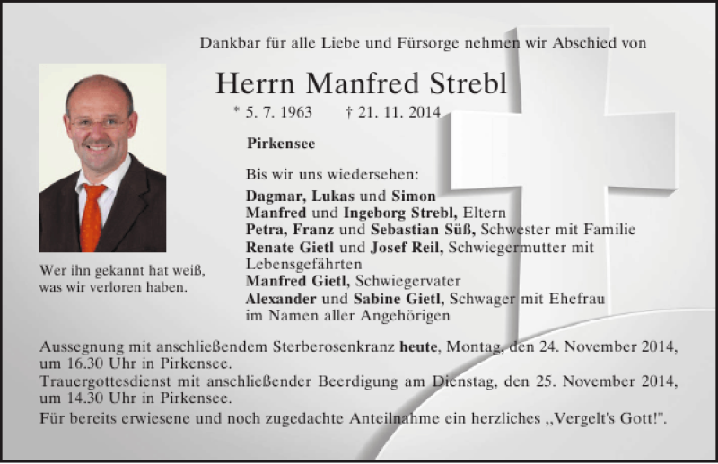  Traueranzeige für Pirkensee Manfred Strebl vom 24.11.2014 aus Mittelbayerische Zeitung