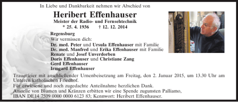  Traueranzeige für Heribert Effenhauser vom 31.12.2014 aus Mittelbayerische Zeitung