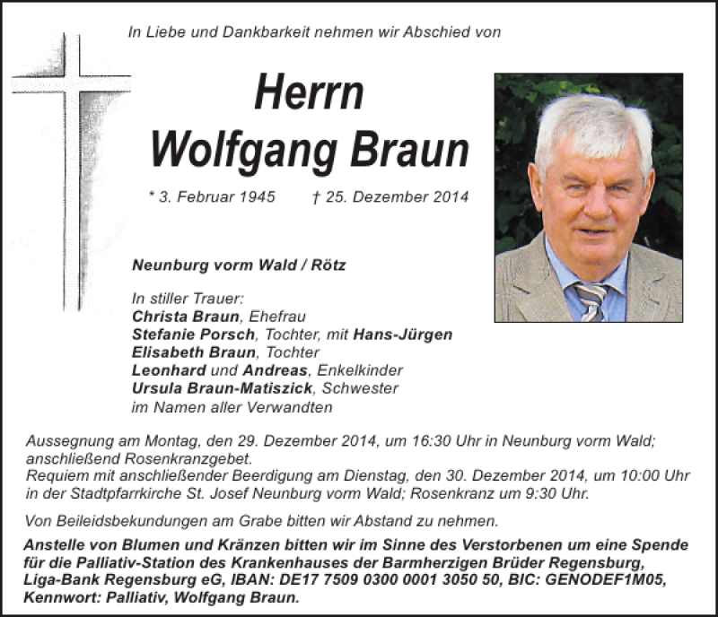  Traueranzeige für Neunburg vorm Wald / Rötz Wolfgang Braun vom 27.12.2014 aus Mittelbayerische Zeitung
