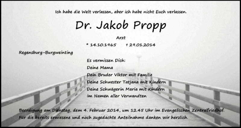  Traueranzeige für Regensburg-Burgweinting Dr. Jakob Propp vom 01.02.2014 aus Mittelbayerische Zeitung