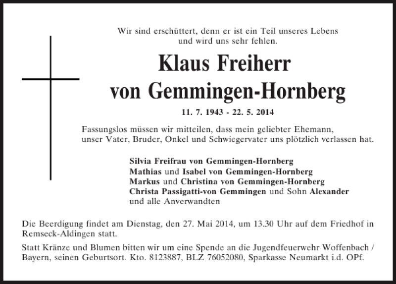  Traueranzeige für Klaus Freiherr von Gemmingen-Hornberg vom 24.05.2014 aus Mittelbayerische Zeitung