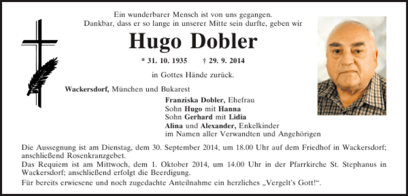  Traueranzeige für Wackersdorf Hugo Dobler vom 30.09.2014 aus Mittelbayerische Zeitung