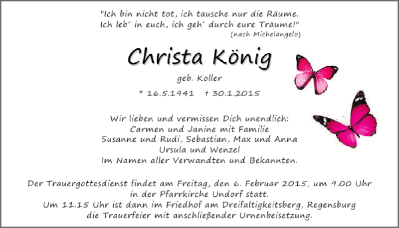  Traueranzeige für Christa König vom 03.02.2015 aus Mittelbayerische Zeitung
