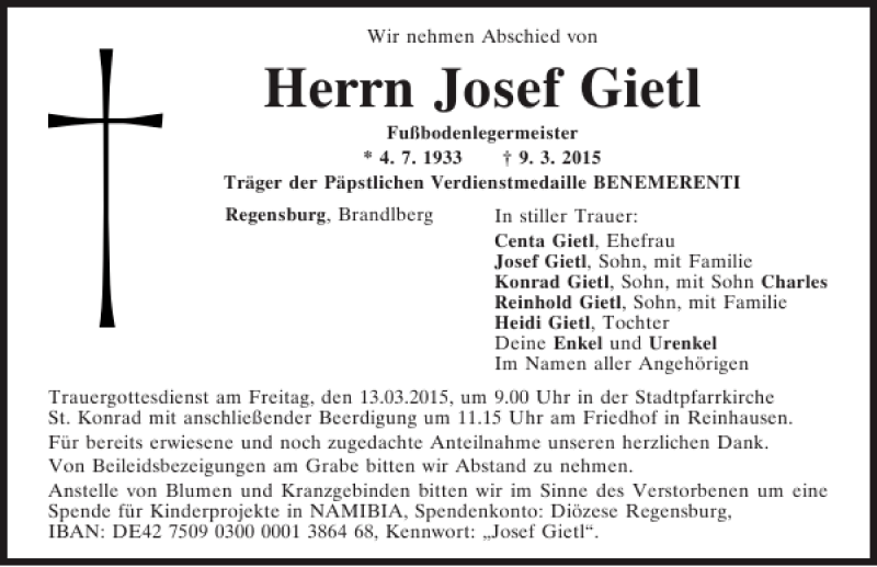  Traueranzeige für Josef Gietl vom 11.03.2015 aus Mittelbayerische Zeitung