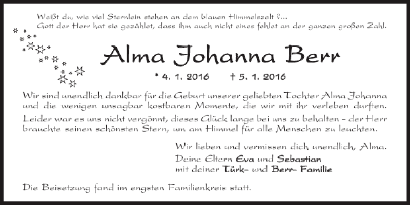  Traueranzeige für Alma Johanna Berr vom 14.01.2016 aus Mittelbayerische Zeitung Kelheim