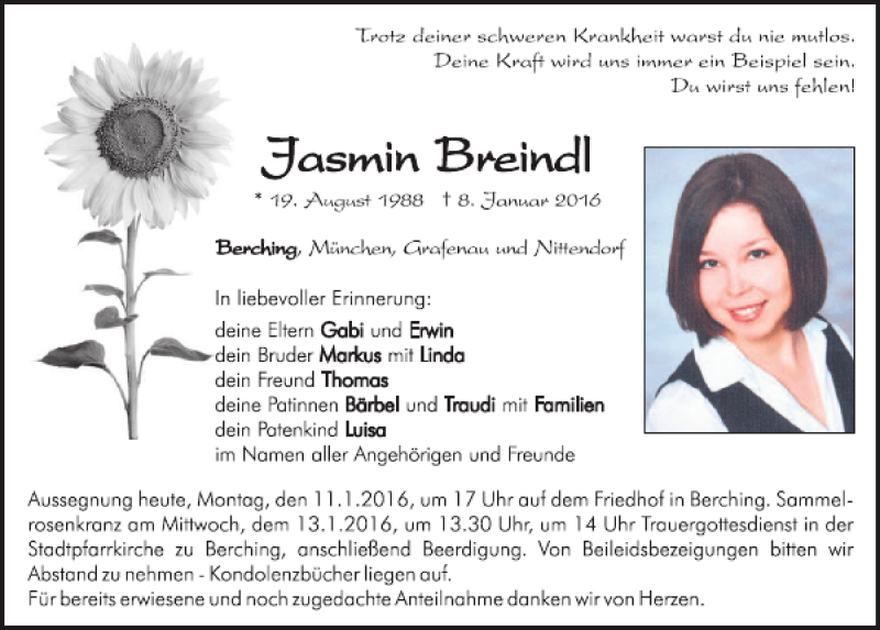  Traueranzeige für Jasmin Breindl vom 11.01.2016 aus Neumarkter Tagblatt