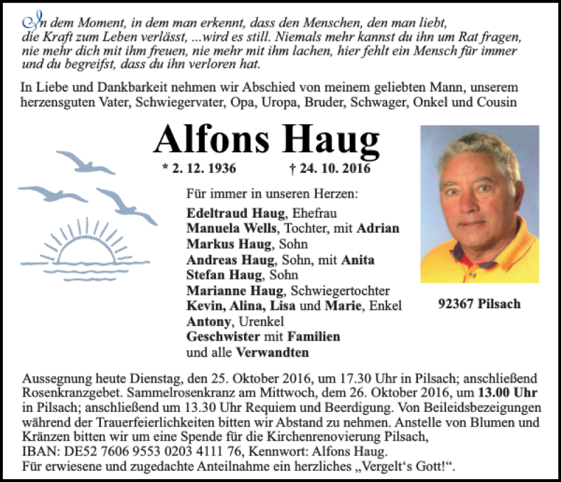  Traueranzeige für Alfons Haug vom 25.10.2016 aus Neumarkter Tagblatt