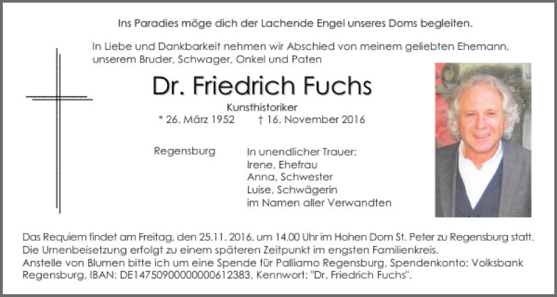  Traueranzeige für Dr. Friedrich Fuchs vom 19.11.2016 aus Mittelbayerische Zeitung Gesamtausgabe
