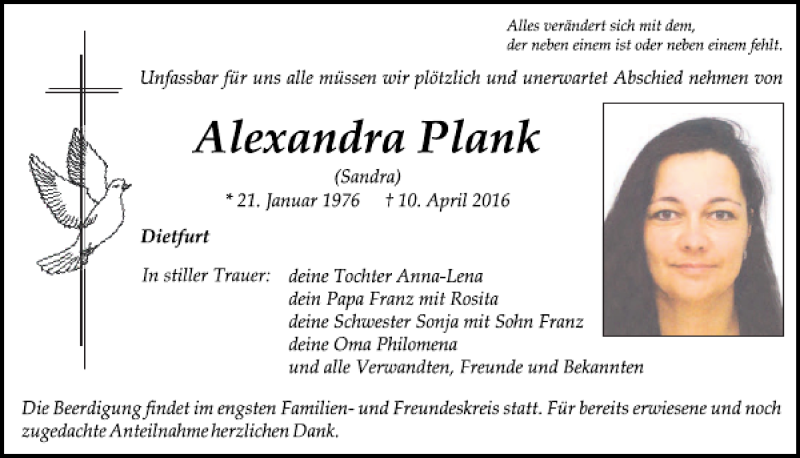  Traueranzeige für Alexandra Plank vom 16.04.2016 aus Neumarkter Tagblatt