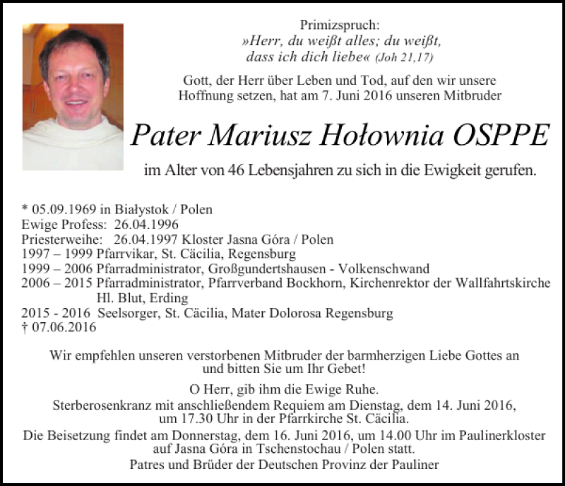  Traueranzeige für Pater Mariusz Holownia OSPPE vom 11.06.2016 aus Mittelbayerische Zeitung Regensburg