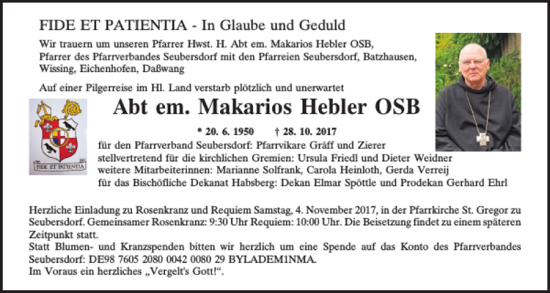  Traueranzeige für Abt em. Makarios Hebler OSB vom 02.11.2017 aus Neumarkter Tagblatt