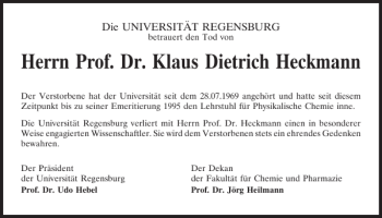 Traueranzeige von A.-Nr. 2074 - Nachruf Klaus D. Heckmann  von Mittelbayerische Zeitung Regensburg