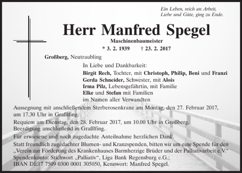  Traueranzeige für Manfred Spegel vom 25.02.2017 aus Mittelbayerische Zeitung Regensburg
