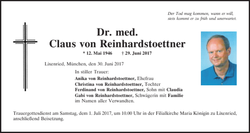  Traueranzeige für Dr. med. Claus von Reinhardstoettner vom 30.06.2017 aus Bayerwald Echo