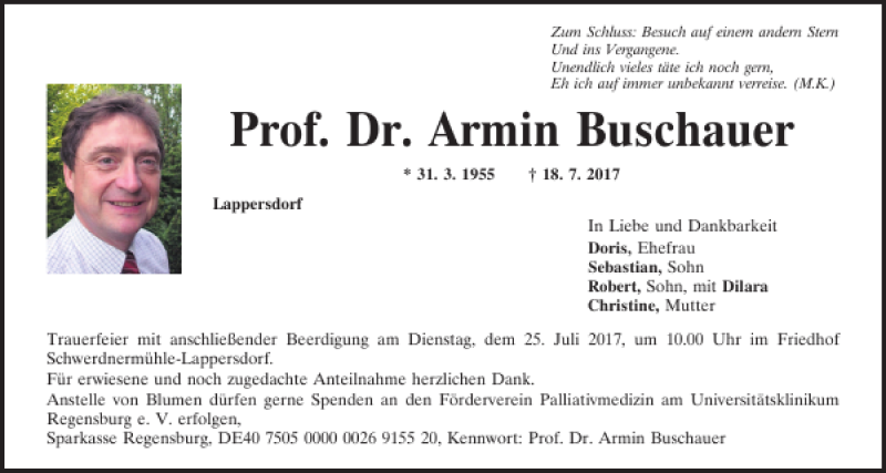  Traueranzeige für Prof. Dr. Armin Buschauer vom 22.07.2017 aus Mittelbayerische Zeitung Regensburg