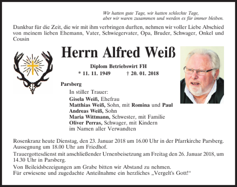  Traueranzeige für Alfred Weiß vom 23.01.2018 aus Neumarkter Tagblatt