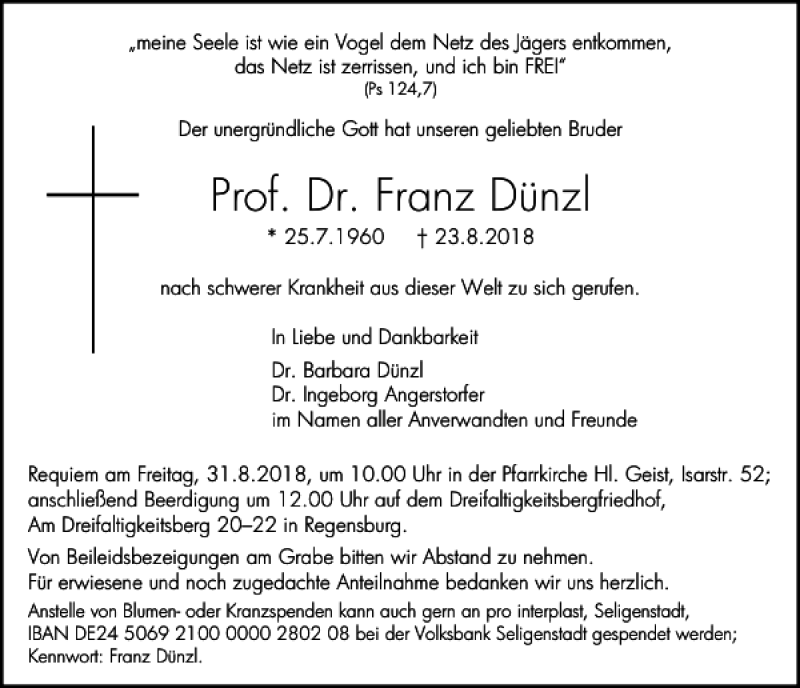  Traueranzeige für Franz Dünzl vom 29.08.2018 aus Mittelbayerische Zeitung Regensburg