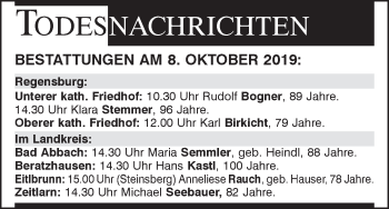 Traueranzeige von Bestattungen vom 08.10.2019 von Mittelbayerische Zeitung Regensburg