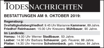 Traueranzeige von Bestattungen vom 09.10.2019 von Mittelbayerische Zeitung Regensburg