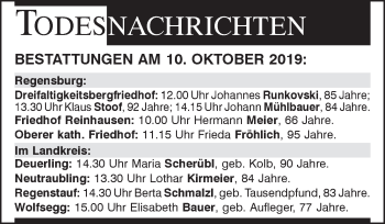 Traueranzeige von Bestattungen vom 10.10.2019 von Mittelbayerische Zeitung Regensburg
