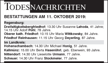 Traueranzeige von Bestattungen vom 11.10.2019 von Mittelbayerische Zeitung Regensburg