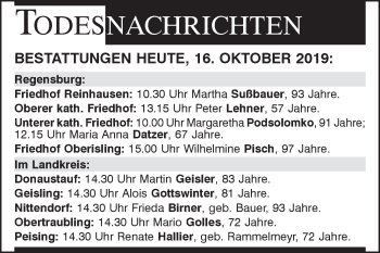 Traueranzeige von Bestattungen vom 16.10.2019 von Mittelbayerische Zeitung Regensburg