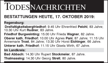 Traueranzeige von Bestattungen vom 17.10.2019 von Mittelbayerische Zeitung Regensburg