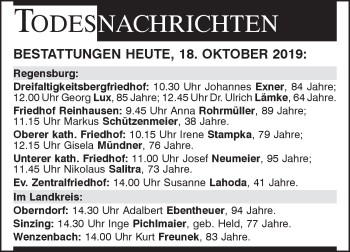 Traueranzeige von Bestattungen vom 18.10.2019 von Mittelbayerische Zeitung Regensburg