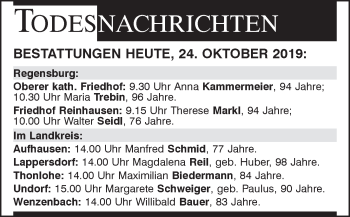 Traueranzeige von Bestattungen vom 24.10.2019 von Mittelbayerische Zeitung Regensburg