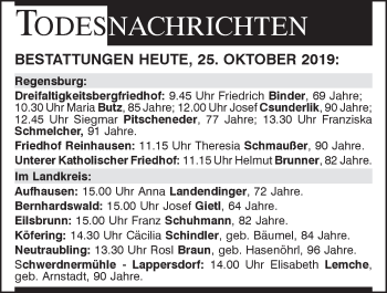 Traueranzeige von Bestattungen vom 25.10.2019 von Mittelbayerische Zeitung Regensburg