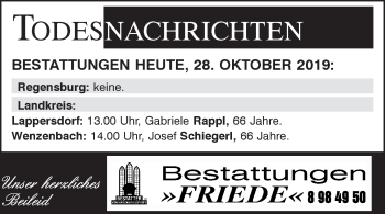 Traueranzeige von Bestattungen vom 28.10.2019 von Mittelbayerische Zeitung Regensburg