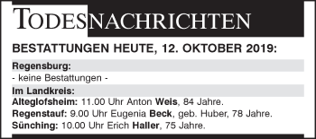 Traueranzeige von Totentafel vom 12.10.2019 von Mittelbayerische Zeitung Regensburg