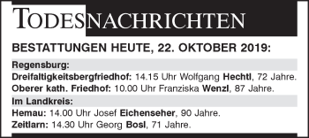 Traueranzeige von Totentafel vom 22.10.2019 von Mittelbayerische Zeitung Regensburg
