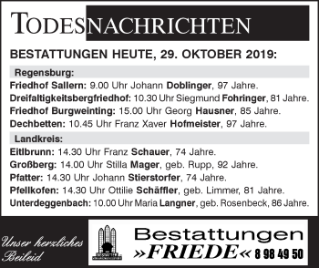 Traueranzeige von Totentafel vom 29.10.2019 von Mittelbayerische Zeitung Regensburg