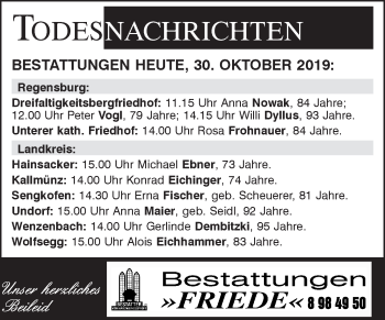 Traueranzeige von Totentafel vom 30.10.2019 von Mittelbayerische Zeitung Regensburg