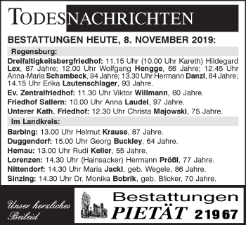 Traueranzeige von Bestattungen vom 08.11.2019 von Mittelbayerische Zeitung Regensburg