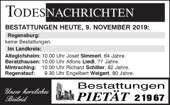 Traueranzeige von Bestattungen vom 09.11.2019 von Mittelbayerische Zeitung Regensburg