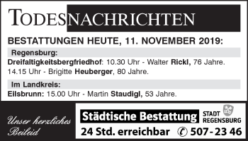 Traueranzeige von Bestattungen vom 11.11.2019 von Mittelbayerische Zeitung Regensburg