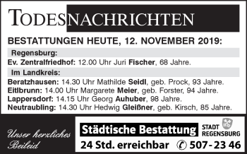Traueranzeige von Bestattungen vom 12.11.2019 von Mittelbayerische Zeitung Regensburg