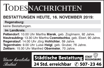 Traueranzeige von Bestattungen vom 16.11.2019 von Mittelbayerische Zeitung Regensburg