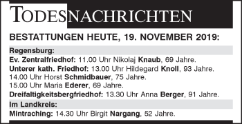 Traueranzeige von Bestattungen vom 19.11.2019 von Mittelbayerische Zeitung Regensburg