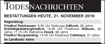 Traueranzeige von Bestattungen vom 21.11.2019 von Mittelbayerische Zeitung Regensburg