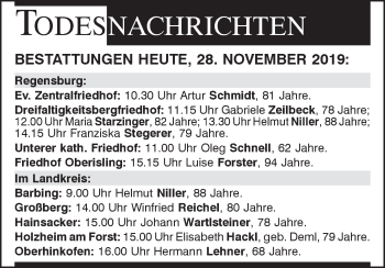 Traueranzeige von Bestattungen vom 28.11.2019 von Mittelbayerische Zeitung Regensburg